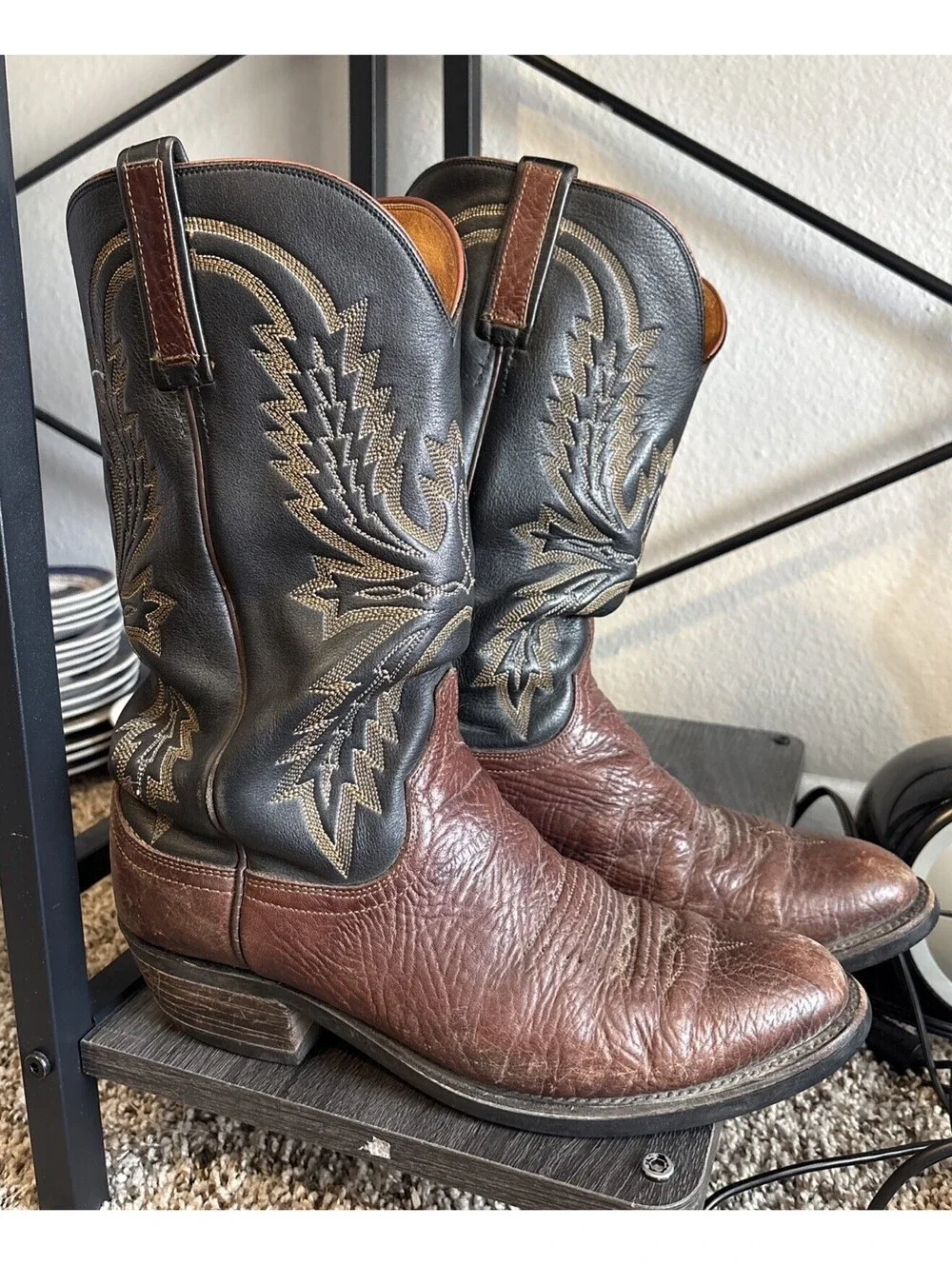 Lucchese 1883 100% Calfskin Upper & Lower Size 8.5D Two Tone Brown Black Boots